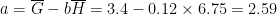 \[
a = \overline{G} - b \overline{H} = 3.4 - 0.12 \times 6.75 = 2.59
\]